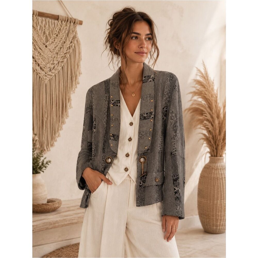 Vintage Princy Boho Chic Gray Patterned Open Front Blazer Jacket and Camisole
